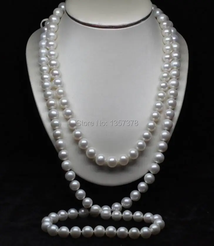 

huij 002910 Natural AA+ Grade 9-10mm white Round pearls necklaces 60"Long