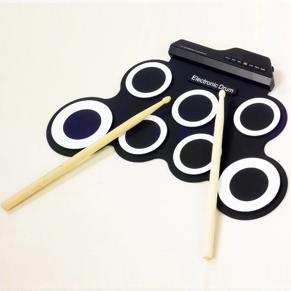 

Electronic Roll Up Drum Set Kit 7 Silicon Drum Pads Compact Size USB Powered with Drumsticks Foot Pedals Black