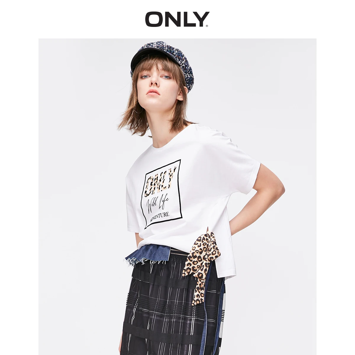 Только женская футболка с леопардовым принтом, со шнуровкой, с рукавами до локтя | 119201637 - Цвет: NEW CREAM