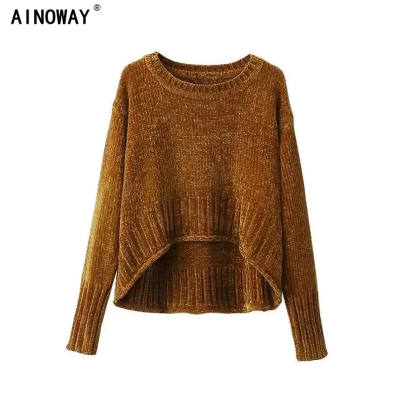 

Autumn fashion retro chenille gold velvet lady's sweater crop tops regular O-neck loose irregular pullover sweater for women