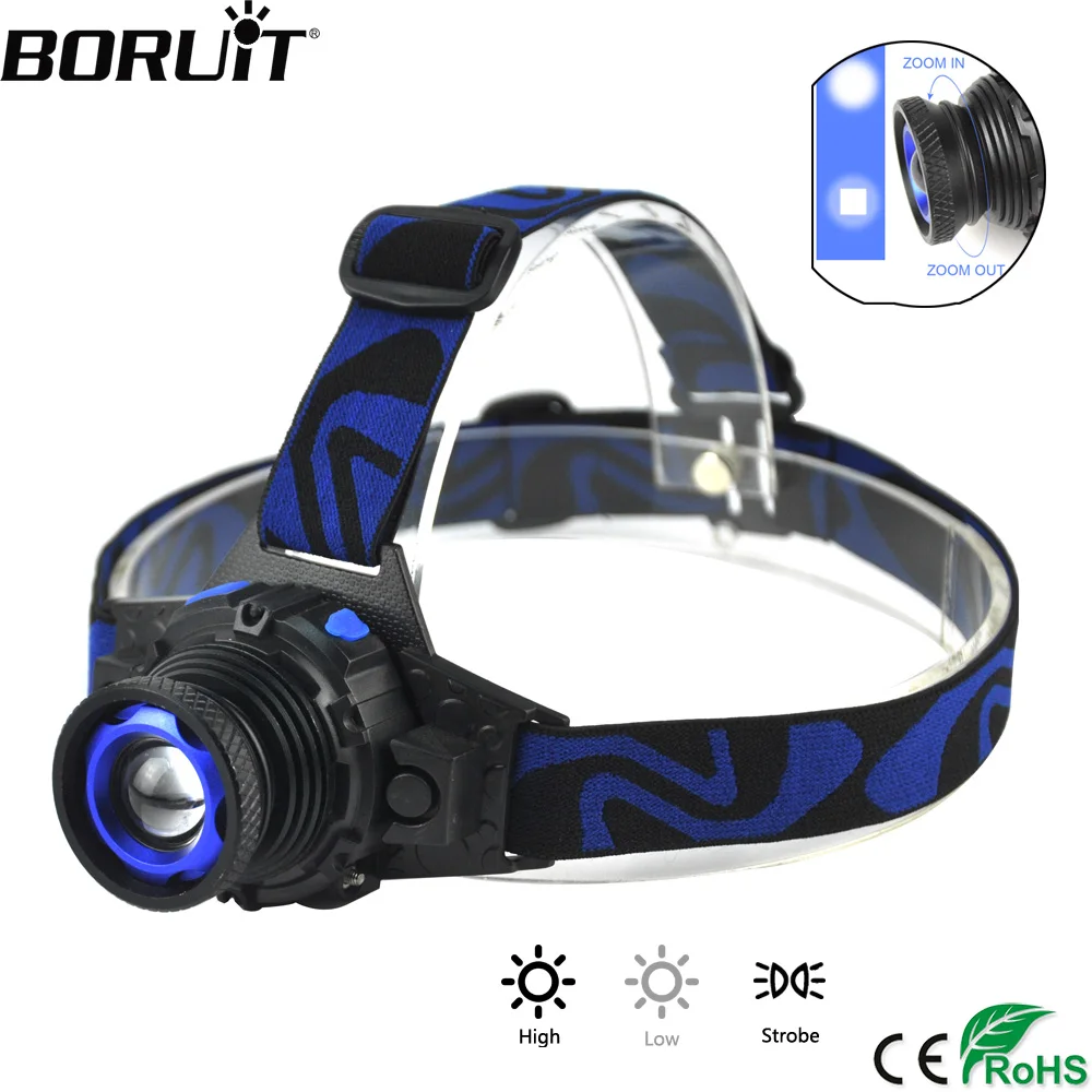 

BORUiT 1000LM Q5 LED Headlamp 4-Mode Zoom Headlight Rechargeable Head Torch Camping Hunting Flashlight with Tool Bags as a Gift