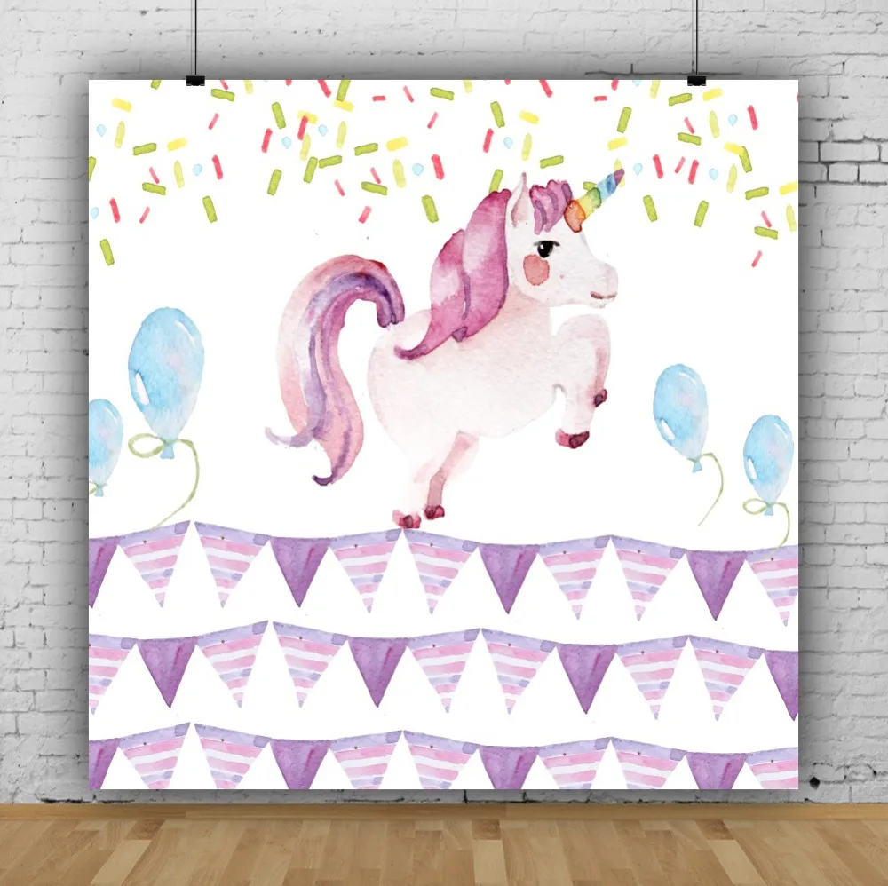 Laeacco Baby Drawing Unicorn Party Flag Birthday Ribbons Balloon Portriat Photo Backdrop Photo Background Photocall Photo Studio