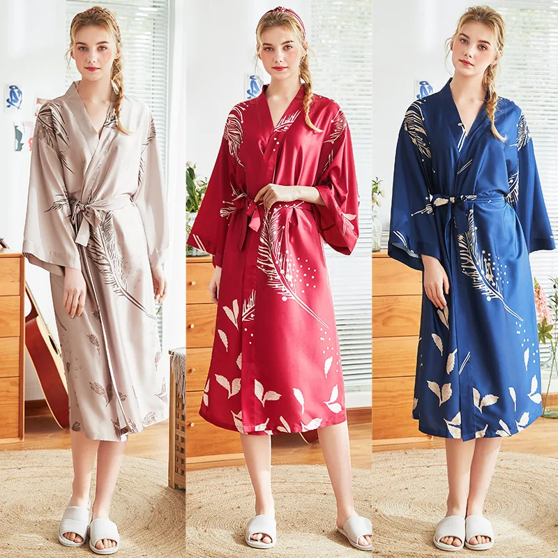 Casual Female Home Wear Nightgown Summer Kimono Bathrobe Sexy Bride Wedding Robe Printed Flower Satin Sleepwear Sleep Dress