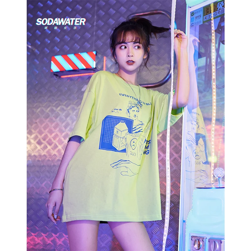 

SODAWATER Girl 2019 SS Collection Street wear Print Tee Summer Style Short Sleeve Tee Swag Cotton Couple Tee Shirt Femme 91186S
