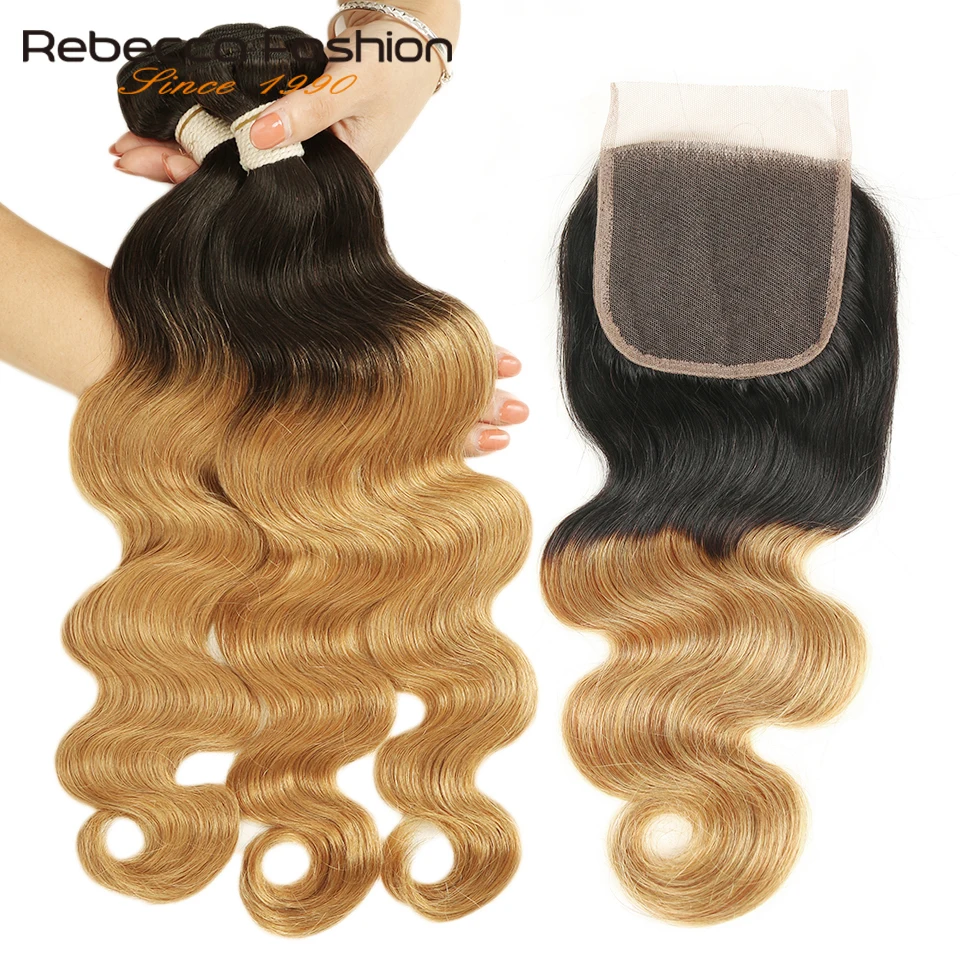 

Rebecca Ombre Bundles With Closure Two Tone 1B/99J 1B/27 1B/30 Colors Brazilian Body Wave 3 Bundles With Closure