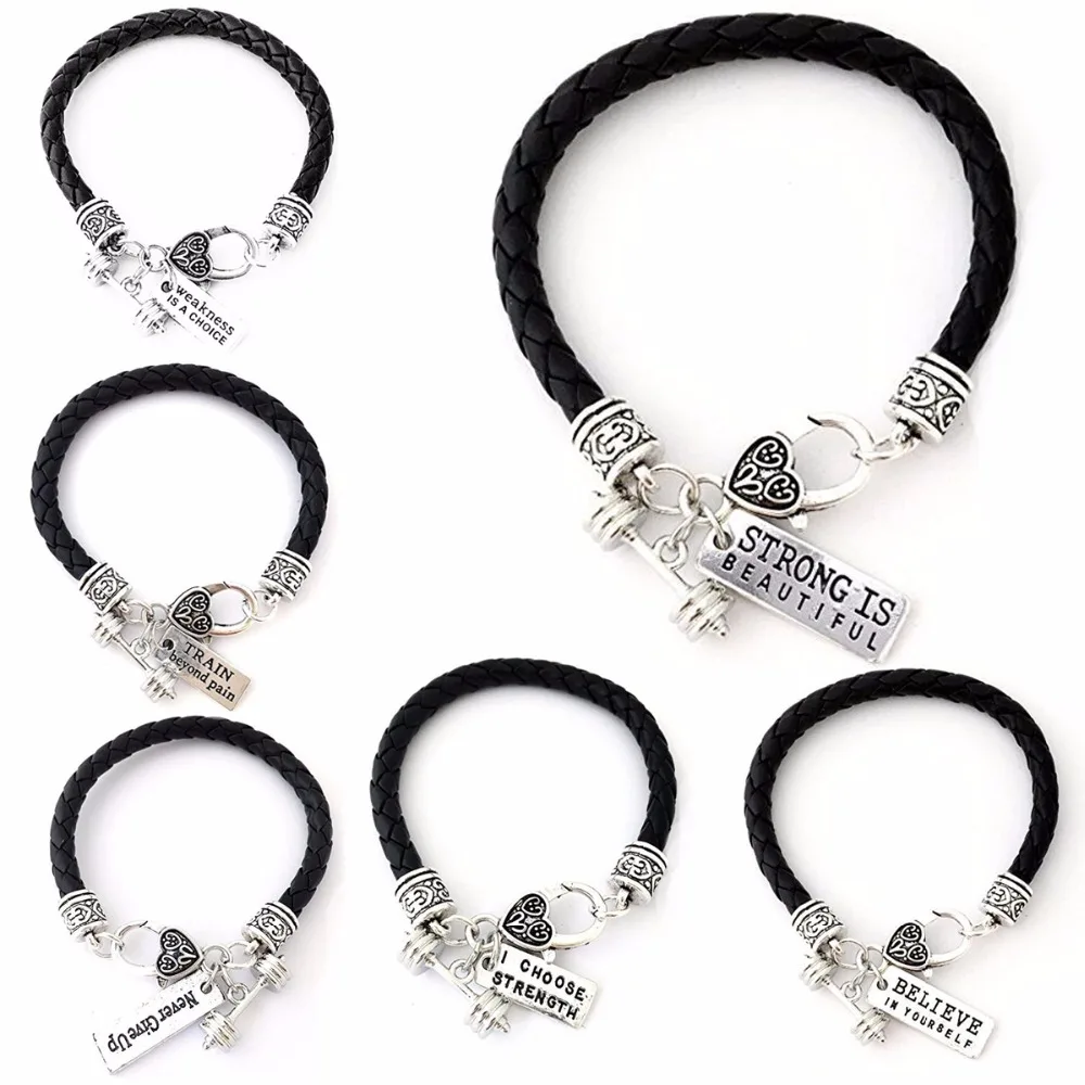 

1pcs Black Leather Braided CrossFit Weight Lifting Fitness Dumbell Charm Bracelet Strong is Beautiful Never Give Up Gym Jewelry