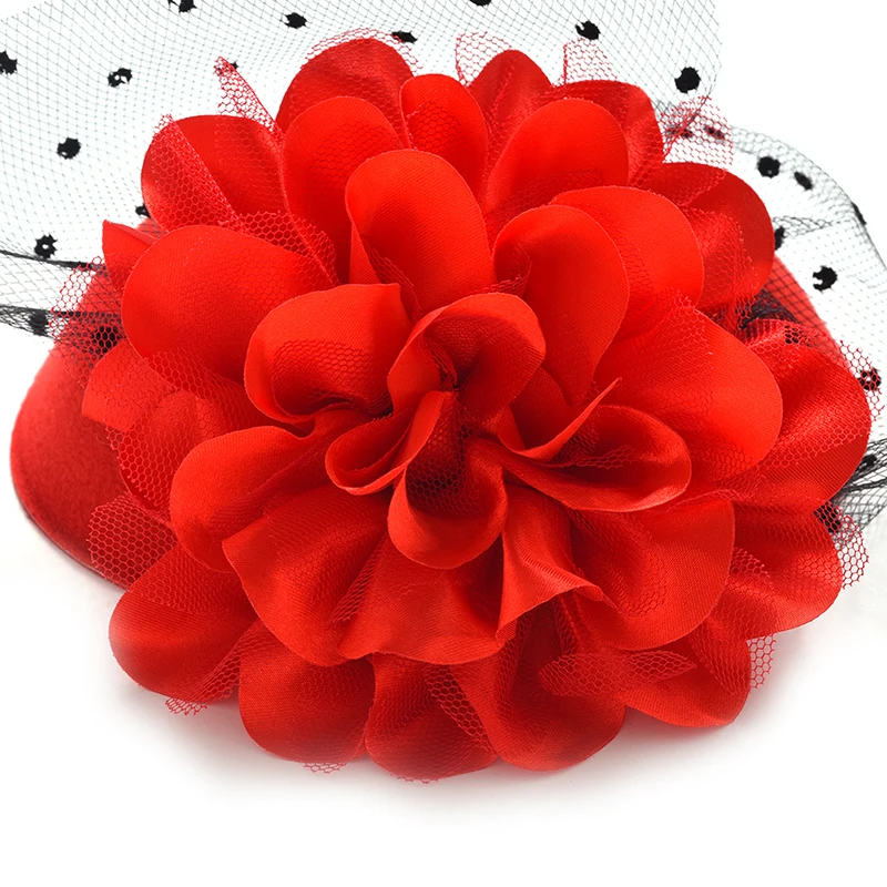 Дамы Цветок Top Hat зажим для волос вечерние клубная Кепка с розой в горошек Veiling Головные уборы Элегантный французский шнурок Женская шляпа заколки