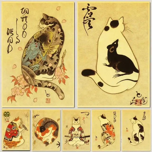 Vintage Japanese samurai cat tattoo cat retro posters kraft wall paper ...