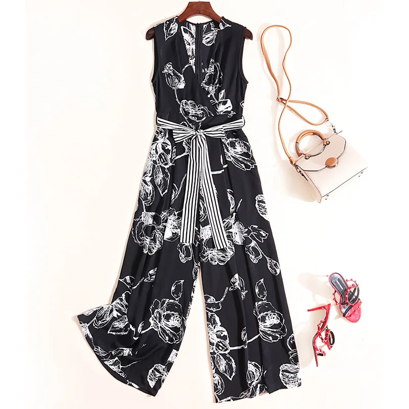 

Rompers Womens Jumpsuit Summer 2019 New Fashion Printed V-Neck Sleeveless Lace-up Waist Bow Slim Wide Leg Pants Female S-XL