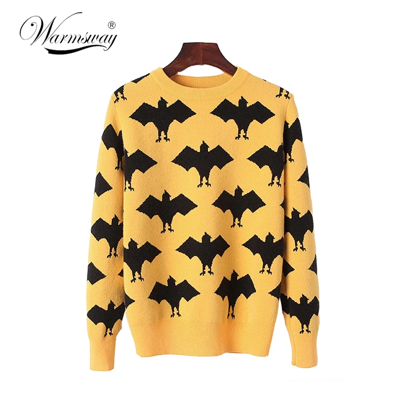 Autumn Women Sweater Bat Pattern jacquard Pullovers Good Quality Knitted Fashion Sweater Small Size Knitted yellow jumper  C-191