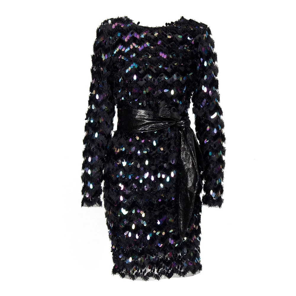 

2018 New Elegant Sequin Dress Sexy Backless patchwork Mesh Celebrity Party Evening Clubwear Black Chic Autumn Long Sleeve Festa