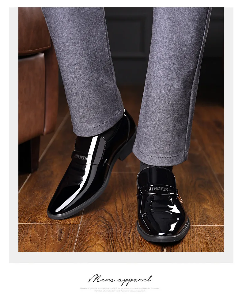 Мужская официальная обувь из лакированной кожи с острым носком; черные свадебные туфли; коллекция года; сезон весна; модельные туфли без застежки; кожаные офисные туфли на плоской подошве