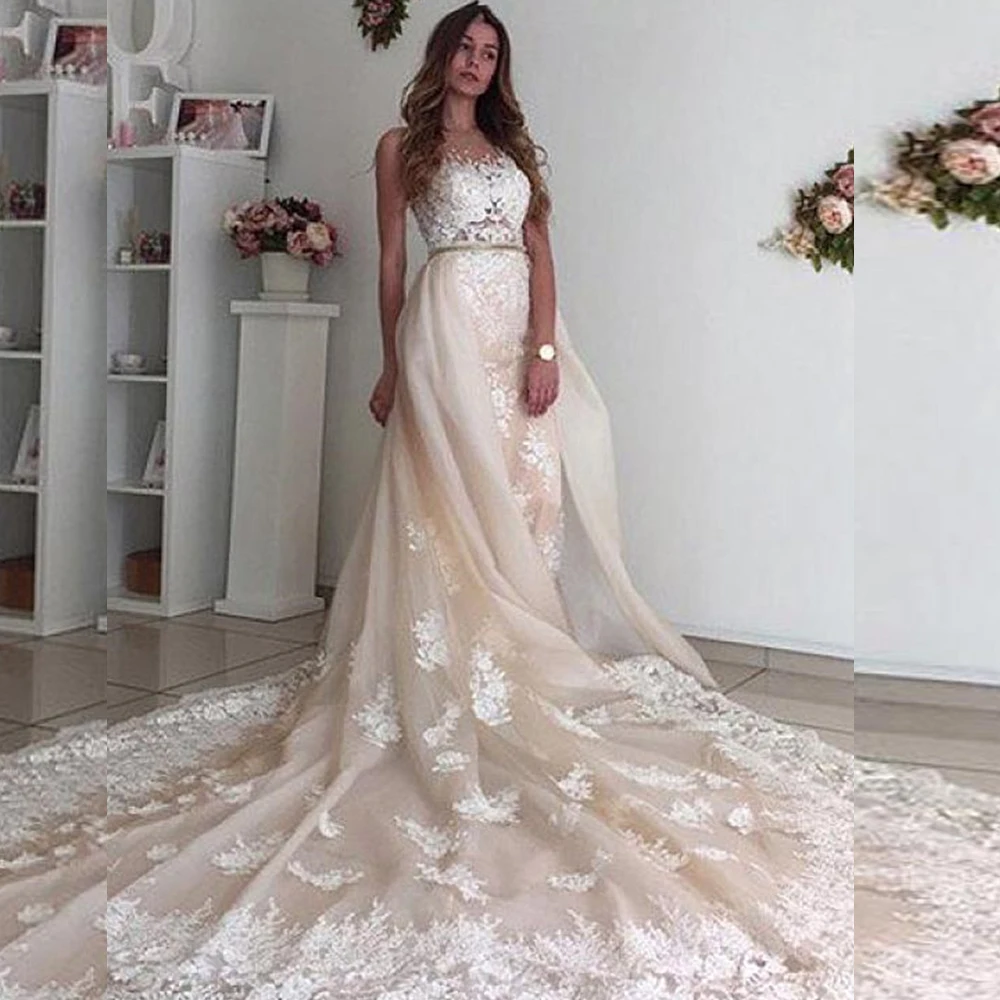 

Sexy Jewel Neckline Two Pieces Mermaid Wedding Dresses Lace Appliques Beading with Detachable Skirt Bridal Gown