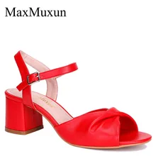 MaxMuxun Для женщин Летние сандалии с ремешками на лодыжках низкий блок каблуки лук украшенные открытым носком Красный Розовый Черный сексуальная обувь для танцев