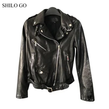 Шило GO кожаная куртка Женская Весенняя мода Овчина натуральная кожа пальто воротник с лацканами спереди молния металлический пояс локомотив