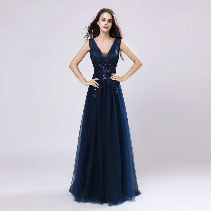 Navy Blue Горячая светильник кружево цвета шампанского с аппликацией Выпускные платья Длинные с бантом Пояса Тюль v-образным вырезом молния сзади Вечерние платья LX242 - Цвет: Navy Blue