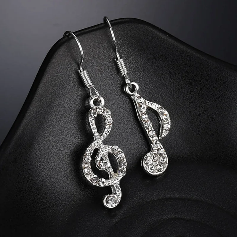 

Simple Fashion Silver Color Asymmetrical Music Note Pendant Full Crystal Charm Dangle Earrings For Women Gifts