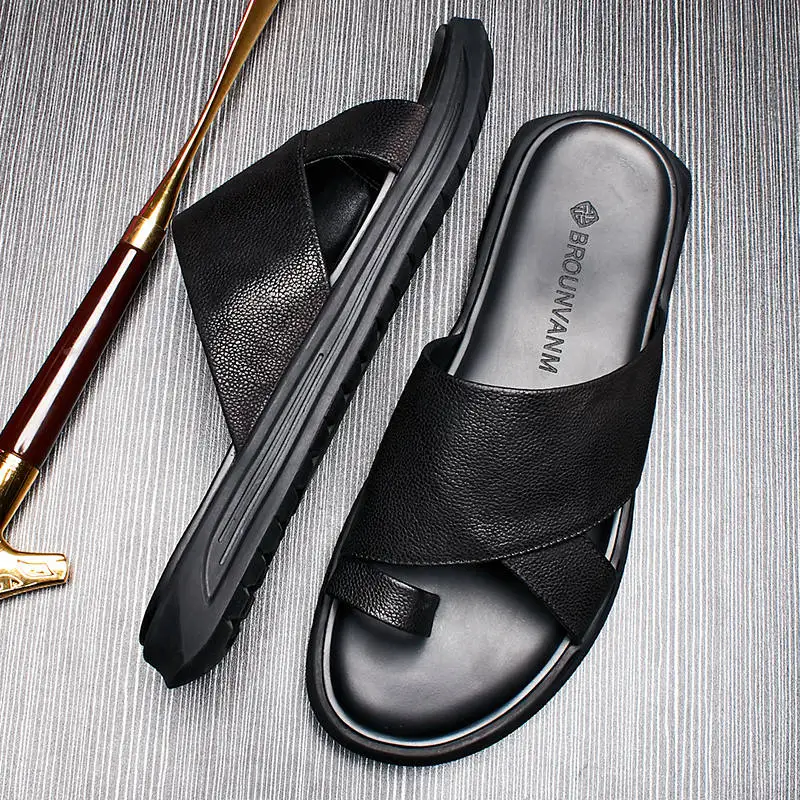 US 6-9 Men's Summer Flip-Flop Slippers Litchi Stria Sandals Cow leather Trendy Man Nonslip Outdoor Slides