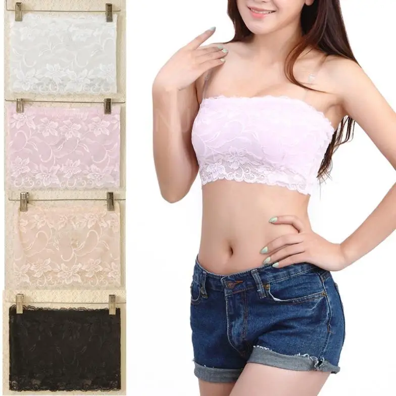 New Arrival Sexy Women Boob Tube Top Floral Lace Stretch Strapless Cropped Bandeau Bra Free Shipping