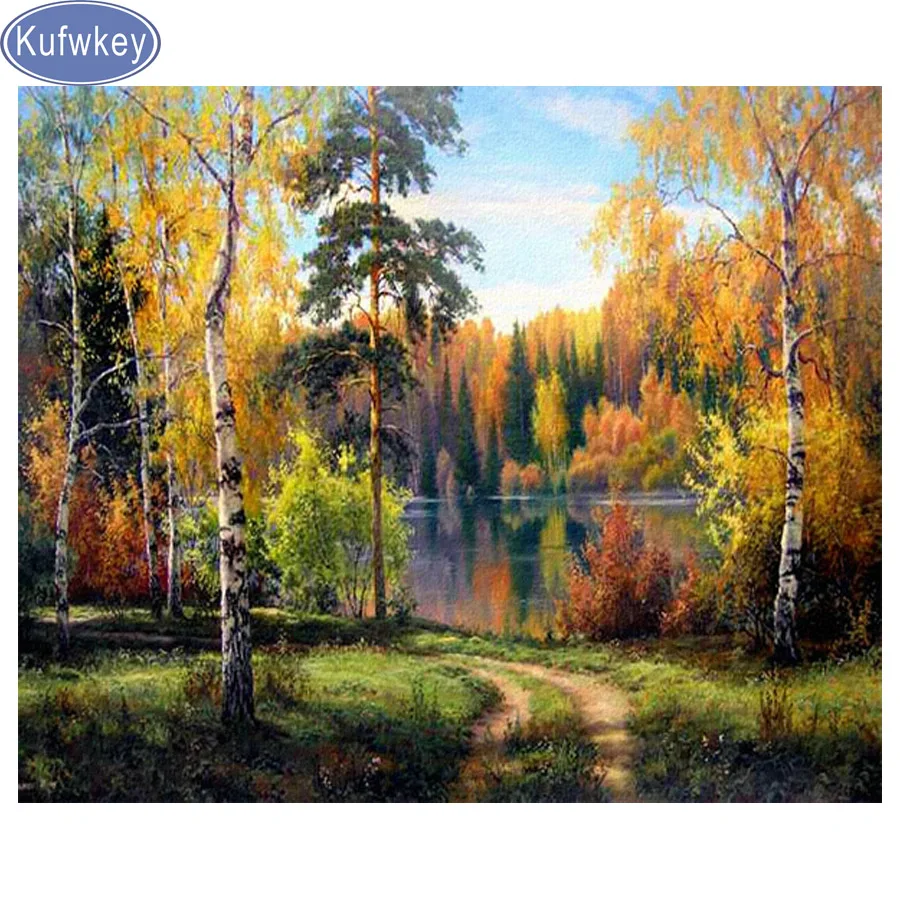 

Kufwkey diamond painting Autumn scenery,diy Diamond Embroidery tree/lake,5d Diamond,3d pictures,square Rhinestone mosaic arts
