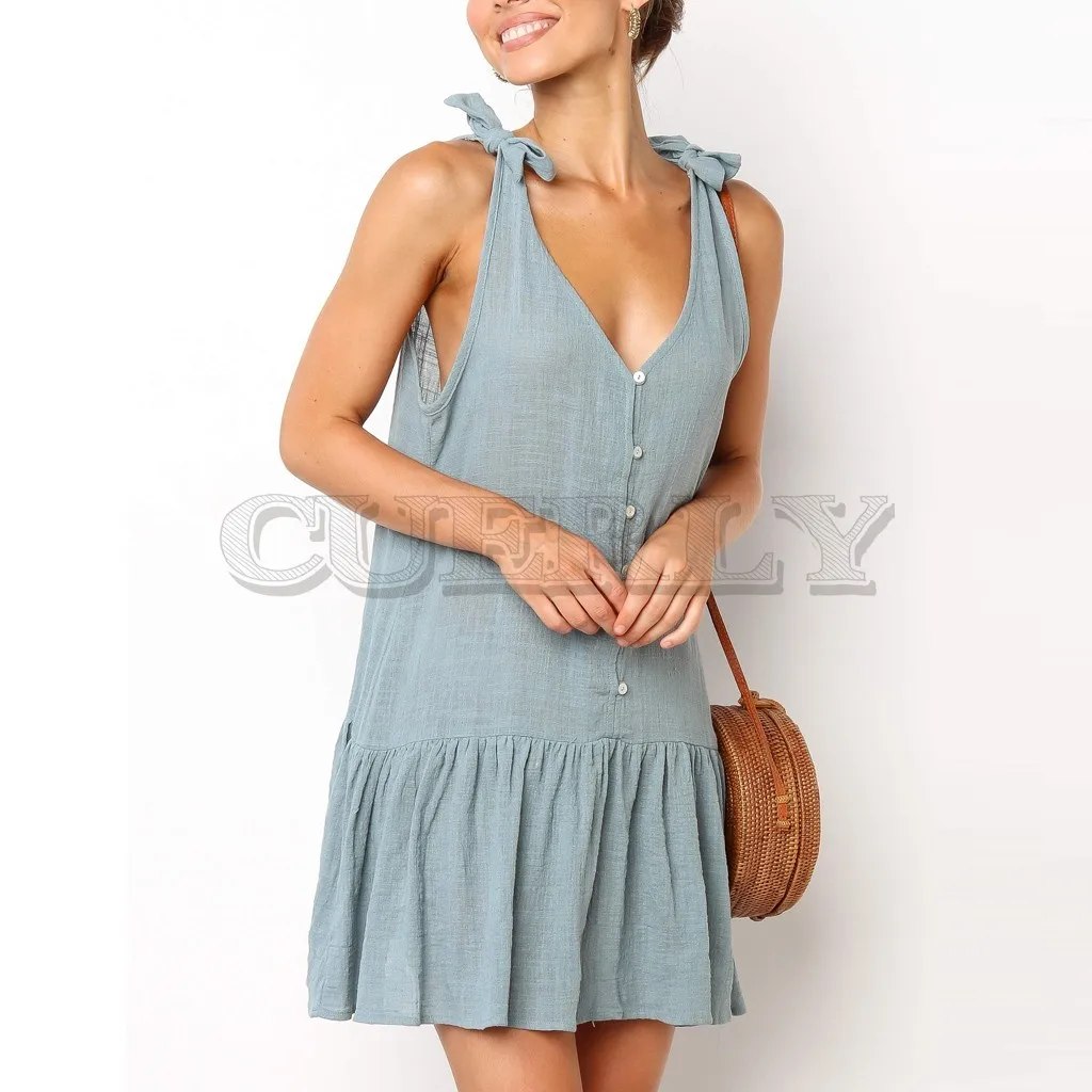 Image Fashion Summer Bowknot Strappy Short Mini Dress Buttons Sleeveless Loose Casual Beach Dress Women s Party Dress CUERLY de festa