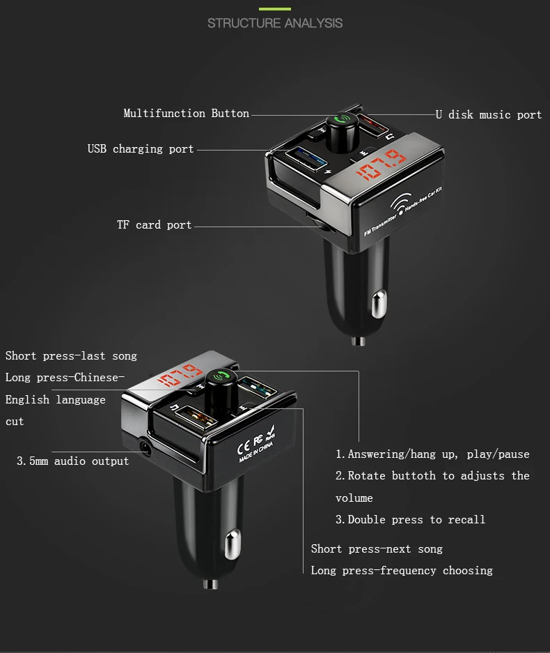 JINSERTA автомобильный Bluetooth fm-передатчик Handsfree автомобильный комплект fm-радио Автомобильный mp3 плеер TF U диск 2 USB Автомобильное зарядное устройство