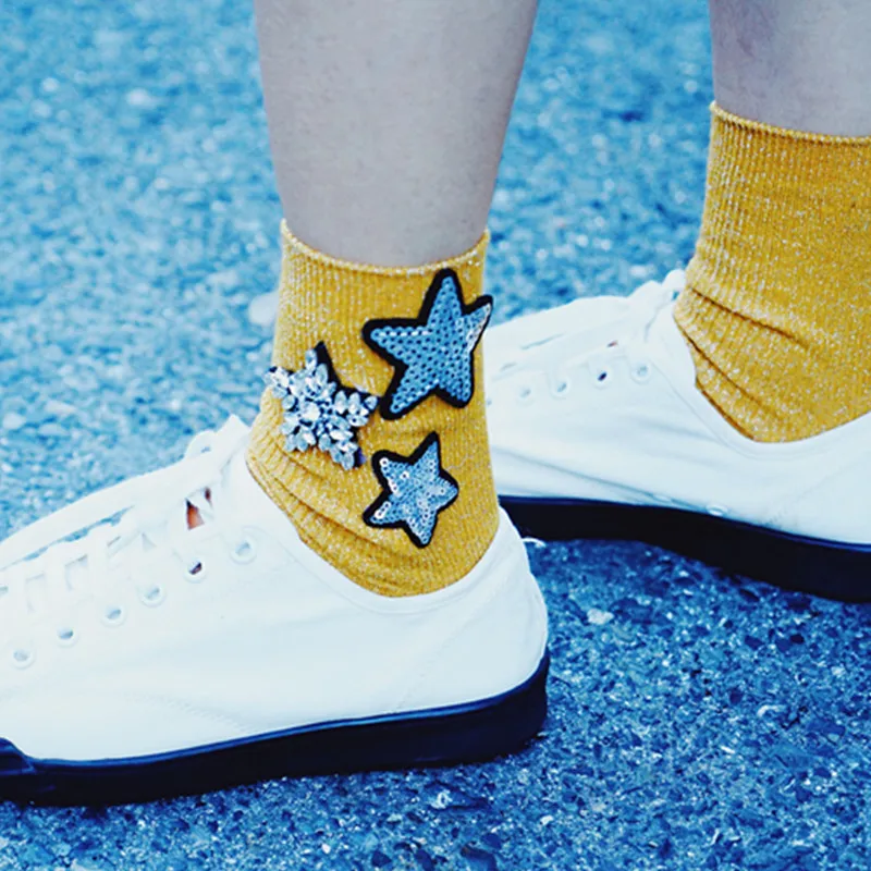 Корейский стиль, Весенние Новые блестящие носки, модные женские серебряные блестящие носки, Звездные Стразы, носки для девушек, Sox Sokken