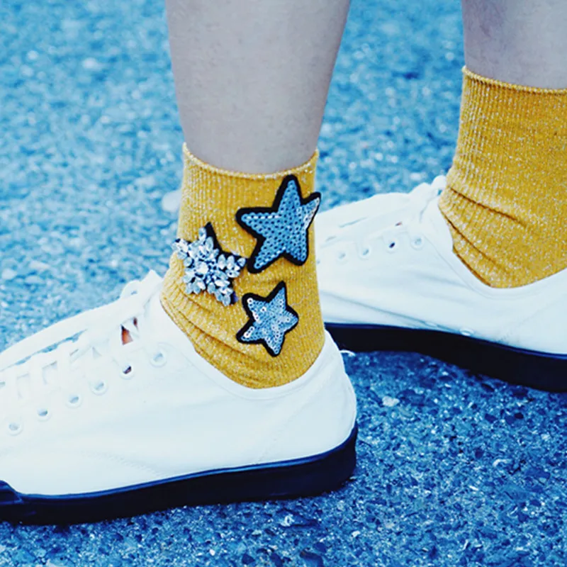 Женские блестящие носки Sox Sokken модные серебристые со стразами в Корейском стиле