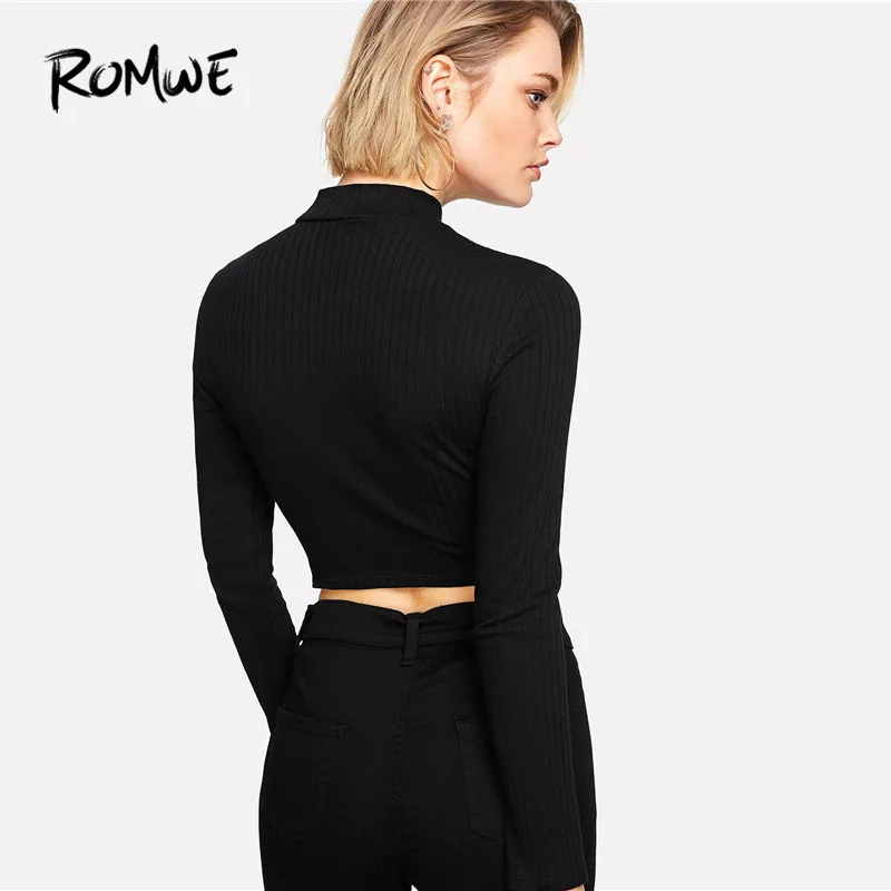 ROMWE Ring Zip Up Front Ribbed Crop Tee Black Zipper Stand Collar T Shirt 2018 Fall Plain Long Sleeve Women Top