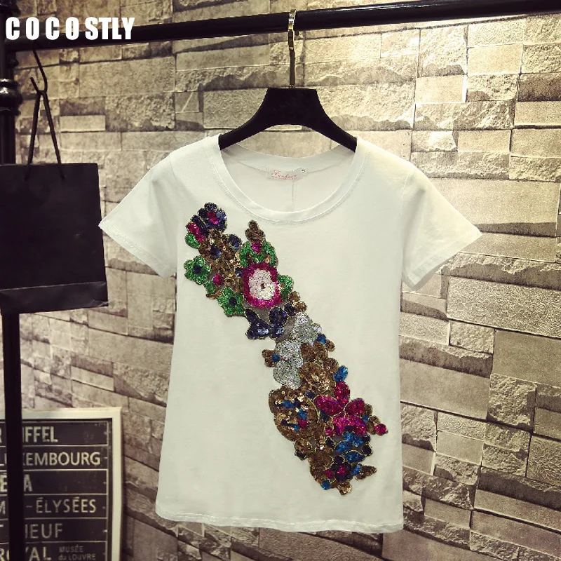 

2018 Summer t shirts for women 3D Sequined Embroidery short Sleeve White t shirt kawaii womens clothing summer tops cute tees