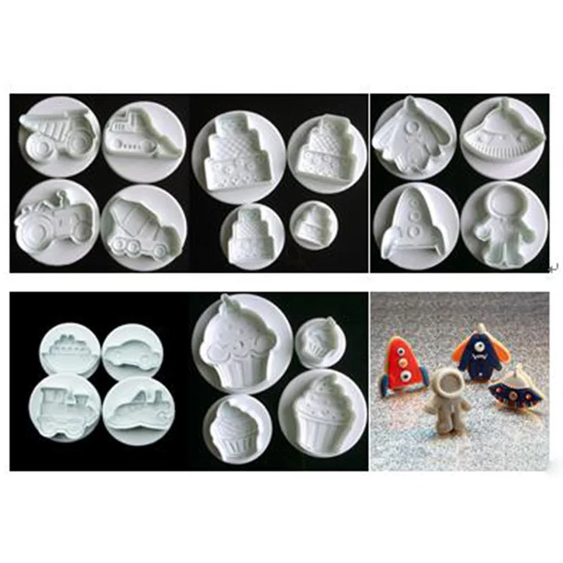 

4Pcs/set Candy Cartoon Car Airplane Ship Shape Fondant Cutter Plastic Cake/cookie/buscuit Cutter Plunger Mold Fondant Cake Decor