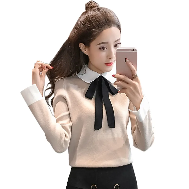 

Fresh Preppy Style Peter pan Collar Womens Sweaters Korean Fashion Hit Color Elegant Bow Tie Knitted Pullovers Ladies Jumpers