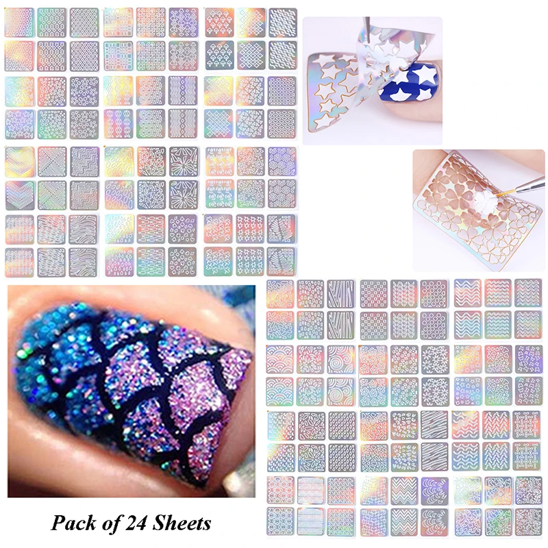 

24 Sheets/Set Laser Nail Art Sticker Template Decoration Nail Art Hollow Laser DIY Foil Stencil for Nail Design Flower Geometric