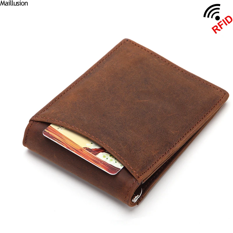 

Maillusion RFID Crazy Horse Skin Wallets Male Genuine Leather Short Vintage Ultra Slim Credit Card Bag Men Metal Clip Wallet