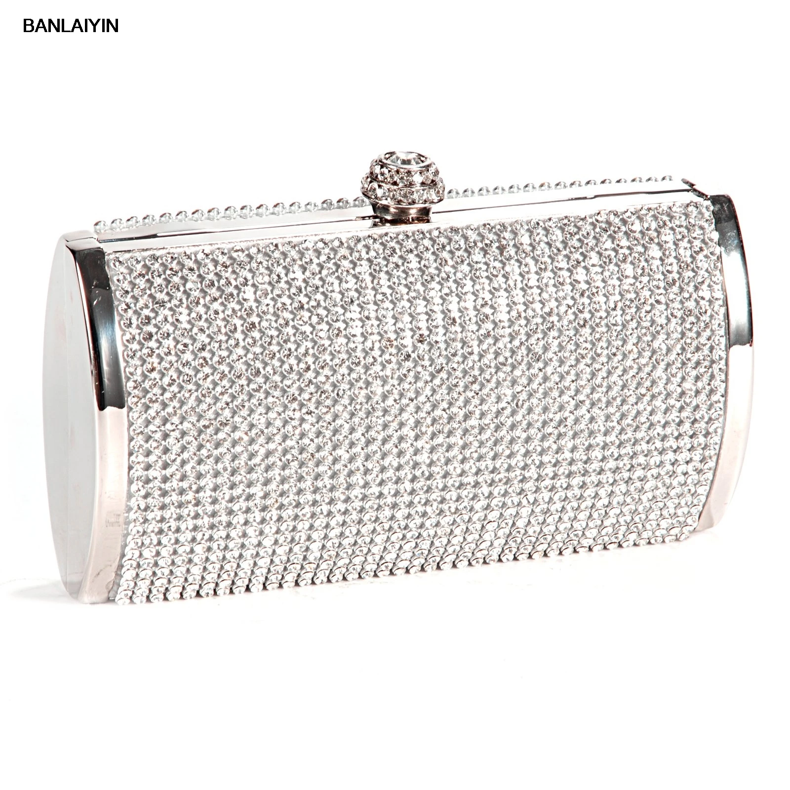 

WholeTide 10* Handbag Pouch Wallet Rigid Metallic Deco Rhinestones For Woman Girl Silvery