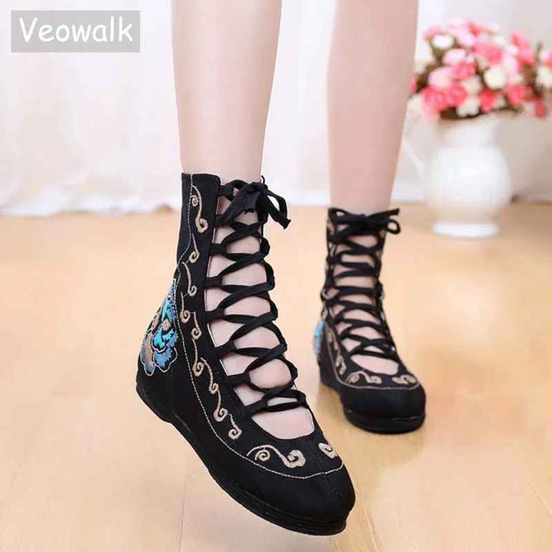 

Veowalk Vintage Embroidered Women Gladiator Canvas Sandal Boots Hidden Wedge Heel Ladies Casual Breathable Cotton Summer Shoes