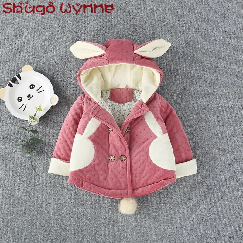 

Winter Infant Girls Rabbit Ear Hooded Back Fur Ball Zipper Warm Jacket Kids Thicken Cotton Outerwear Baby Cute Coats casaco