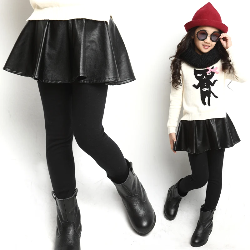 

kids Girls winter pants girls leggings faux leather skirt 2015 tutu black thick children trousers warm size 10 11 12 13 years
