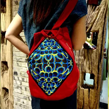 

lady Vintage Embroidery Ethnic Canvas red Backpack Women Handmade Flower Embroidered Travel Bags Schoolbag Backpacks Mochila