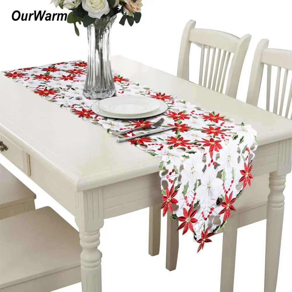 

OurWarm 38*176cm Fashions Christmas Table Runner Party Gift Dinner Table Decoration Hand Rendered Embroidery and Hand Cutwork