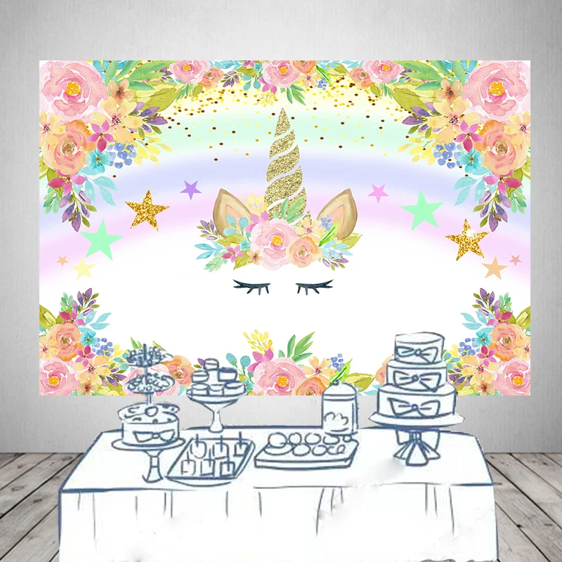 

Unicorn backdrops for Photography child girl photo Studio flower floral Background for baby shower dessert table decorationW1772