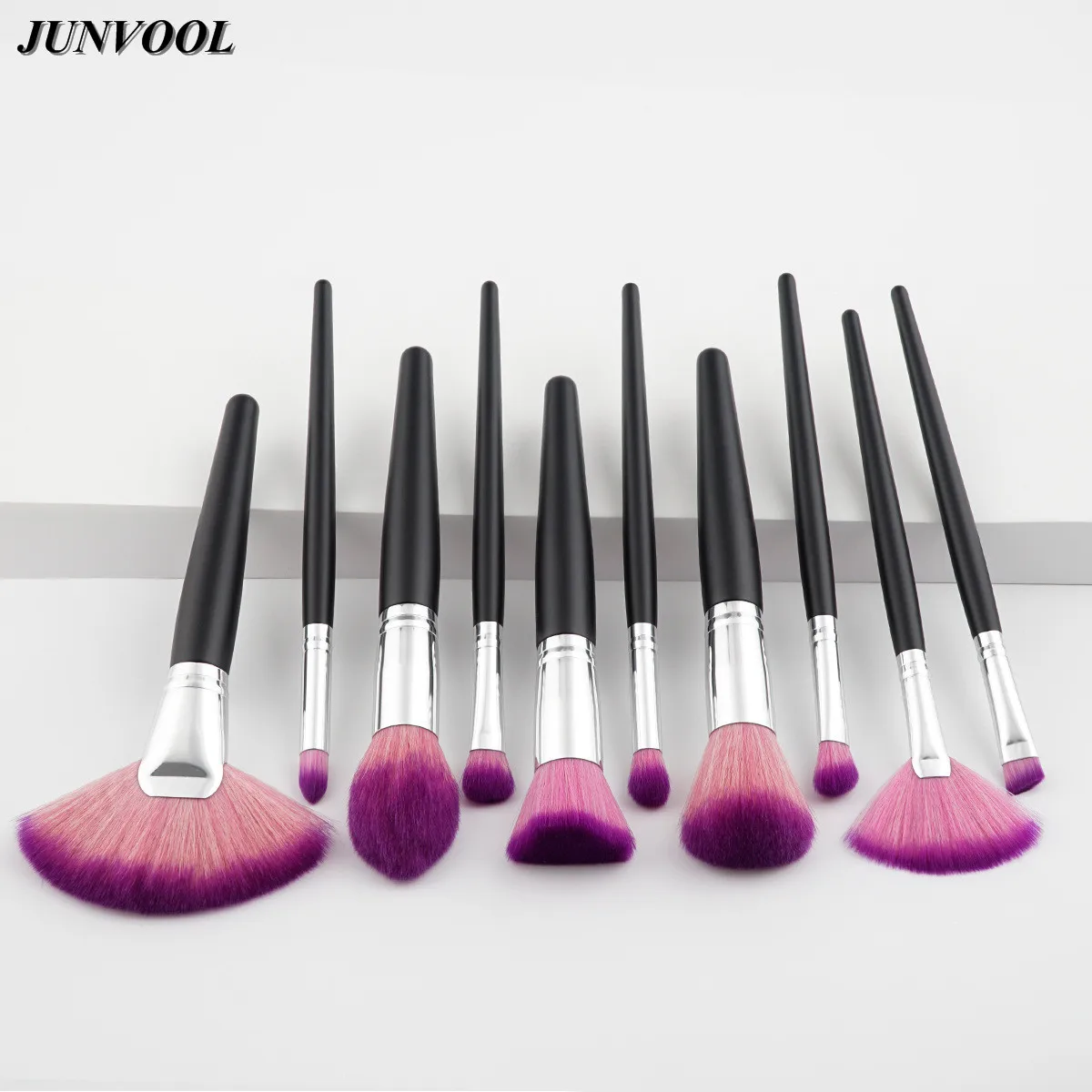 Black Silver Fan Makeup Brush 10pcs Professional Make Up Brushes Set Purple Blending Powder