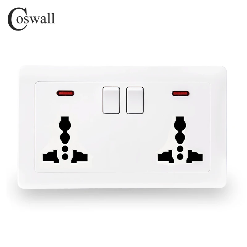 

Coswall Wall Power Socket 13A 2 Gang Universal 3 Hole Switched Outlet With Red Neon Indicator White Color