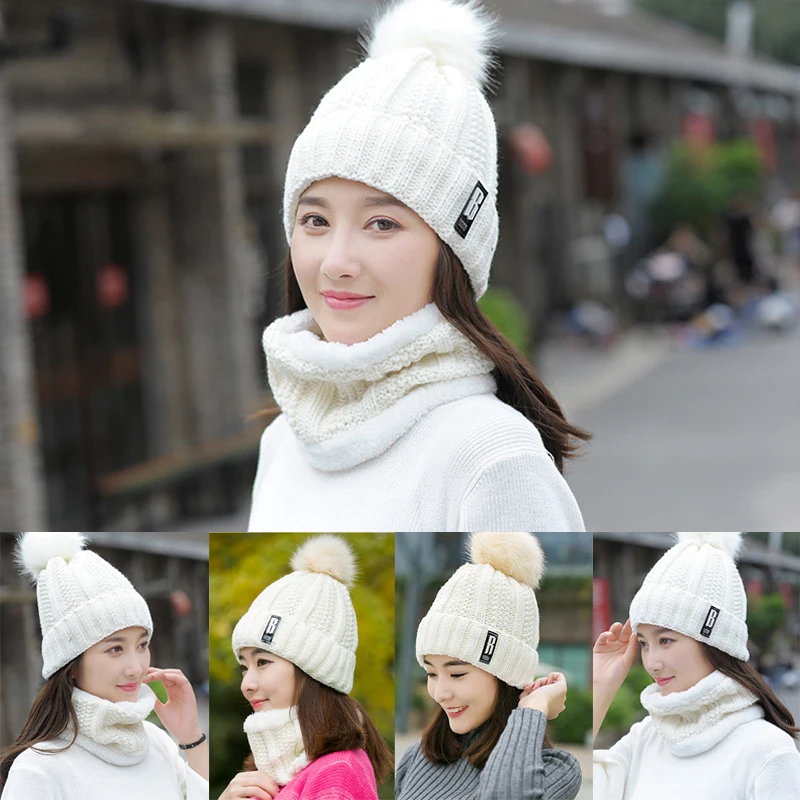 2Pcs Women Winter Scarf Hat Warm Set Solid Knitted Soft Cotton Bib Scarves