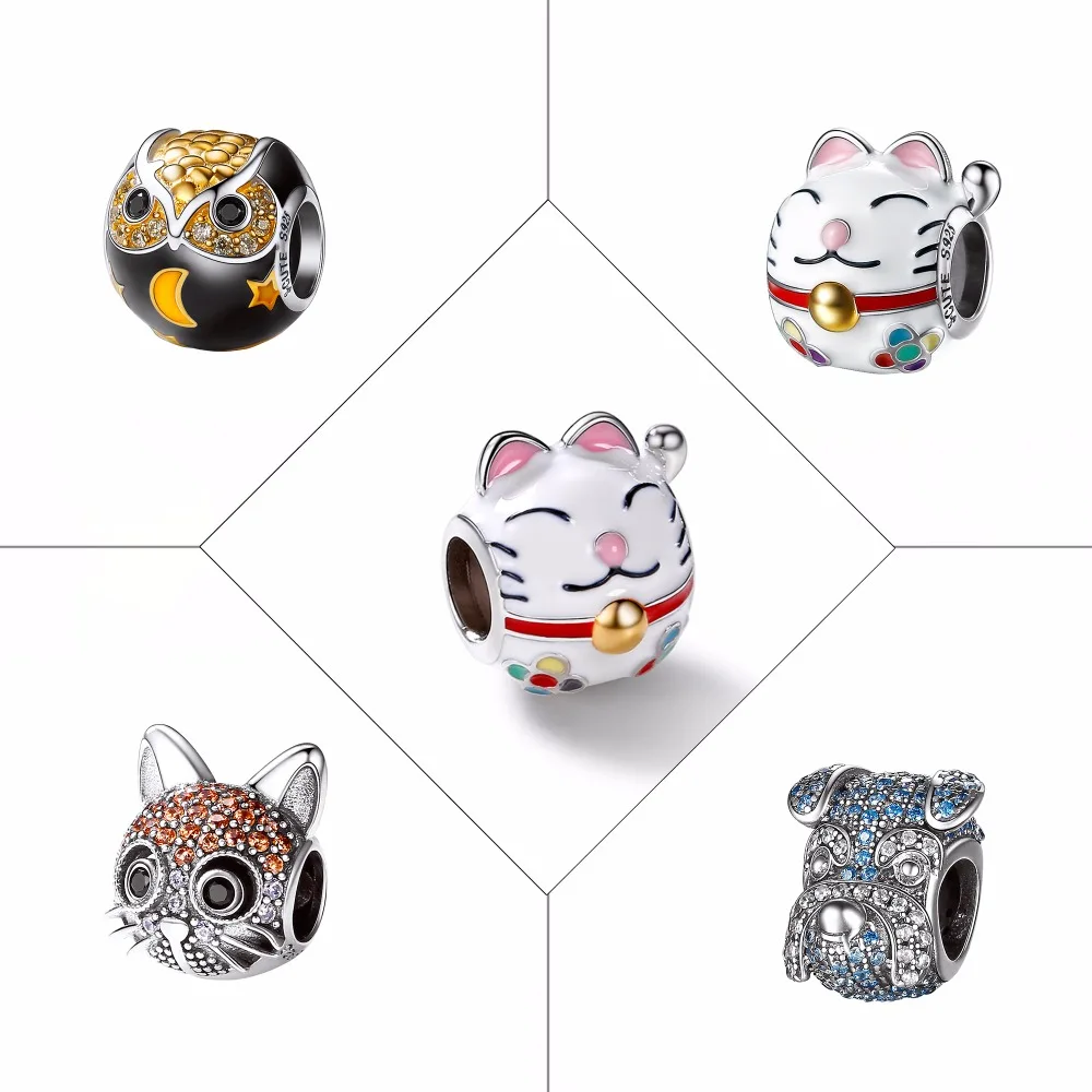 SILVERCUTE Lucky Cat Bead Wise Owl Charm Fits Necklace Bracelets 925 Sterling Silver Animal Pendants For Jewelry Making SCD6422B | Украшения