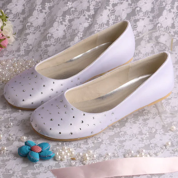 (20 Colors)Plus Size Extra Wide Womens Shoes Ballet Flats for Wedding White Crystal Satin-in 