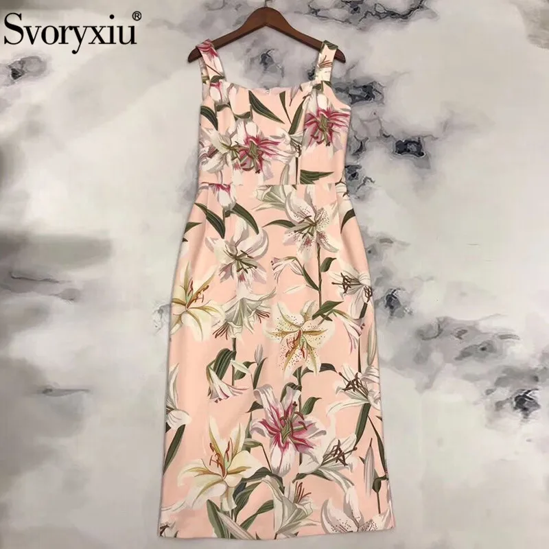 

Svoryxiu lily Flower Print Spaghetti Strap Dress Women Elegant Runway Designer Summer Dress Vestdios