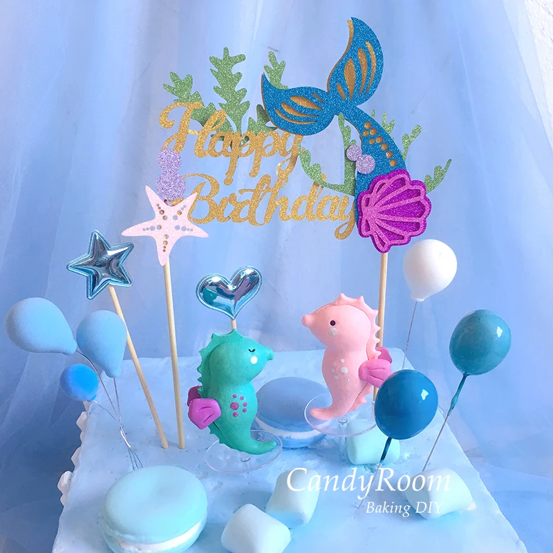 Розовый зеленый хвост русалки ракушка Морская звезда Торт Топпер морской конек торт украшение десерт украшение для дня рождения милые подарки