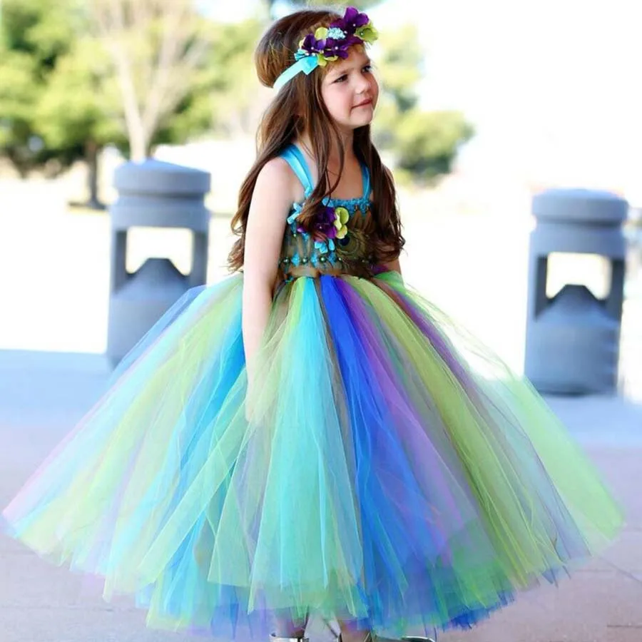 Fairy Peacock Girls Tutu Dress Kids Holiday Party Pageant Ball Gown Flower Girls Dress Wedding Dress Vestido (3)