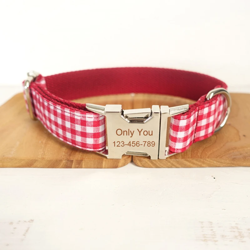 

Personalized dog collar Red Grid Engraved Name Phone Number Handmake Soft Dog Collars Christmas Dog Collar buldog galgo 5 Sizes